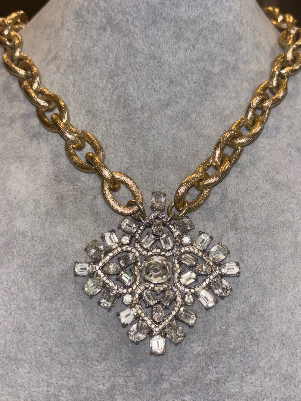 Gold tone Chain Necklace with vintage repurposed rhinestone brooch Pendant
